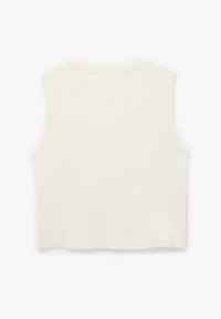 Geknipte, mouwloze top van zacht, crèmekleurig stof. Heeft een ronde halslijn en schone snijranden zonder versieringen.