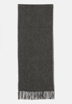 Dark gray scarf made of soft fabric with a subtle texture. Features fringed ends for added detail. Rectangular shape.