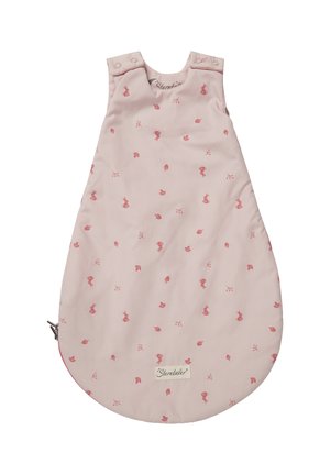 Helles rosa Schlafsack aus weichem Stoff, mit einem Muster aus kleinen rosa Hasen, Druckknopfverschlüssen an den Schultern und einem abgerundeten Boden.