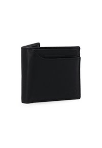 Czarny skórzany portfel o minimalistycznym designie, z wieloma przegródkami na karty oraz gładką fakturą i subtelnymi detalami przeszyć.