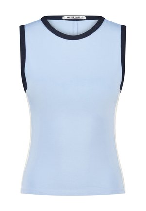 Top senza maniche di colore blu chiaro con colletto tondo blu navy e dettagli laterali. Realizzato in tessuto morbido, dalla forma aderente, con chiusura sul retro.