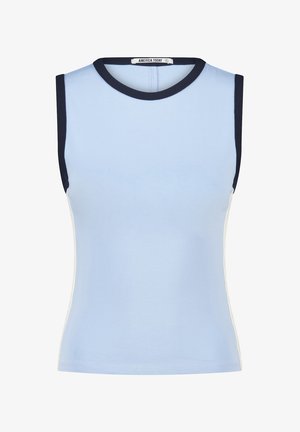 Ärmelloses, hellblaues Top mit einem runden, navyfarbenen Kragen und seitlichen Akzenten. Aus glattem Stoff gefertigt, figurbetonter Schnitt, mit einem Verschluss auf der Rückseite.