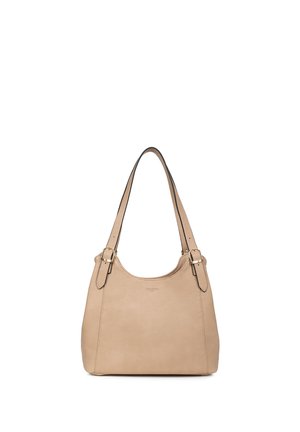 Beige leren schoudertas met twee verstelbare gespsluitingen en een subtiel merklogo aan de voorkant, afgebeeld op een witte achtergrond.