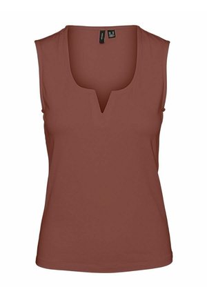 Brązowy top bez rękawów z głębokim, zaokrąglonym dekoltem, wyposażonym w małe wycięcie w kształcie litery V na środku przodu.