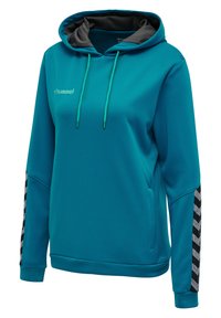 Teal hoodie med strukturerad tyg, med en grå inre huva och svarta chevronmönstrade detaljer på ärmarna. Dragsnören för justering.
