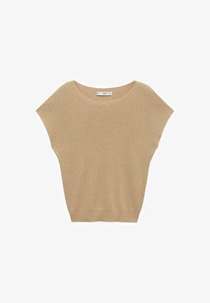 Beżowy sweter dzianinowy z szerokim okrągłym dekoltem, krótkimi rękawami i luźnym krojem. Gładka faktura z delikatnym stretchingiem. Brak widocznych wzorów i elementów metalowych.