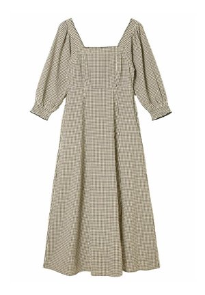 Beiges und schwarzes kariertes Midikleid mit aufgepufften Dreiviertelärmeln, quadratischem Ausschnitt und tailliertem Schnitt.