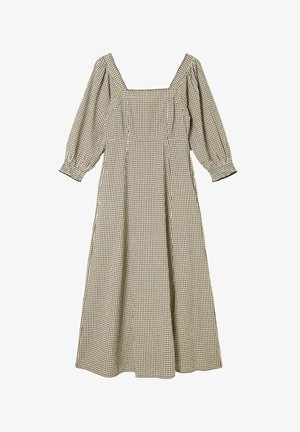 Beiges und schwarzes kariertes Midikleid mit aufgepufften Dreiviertelärmeln, quadratischem Ausschnitt und tailliertem Schnitt.