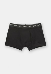 Fekete pamut boxer alsónadrág szürke elasztikus derékkal, ismétlődő fehér logófelirattal. Simaság, testhezálló fazon, standard szabás.