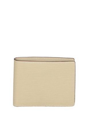 Beige textured wallet with a smooth finish, featuring a minimalist design and contrasting stitching along the edges.