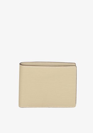 Beige gestructureerde portemonnee met een soepele afwerking, met een minimalistisch ontwerp en contrasterende stiksels langs de randen.