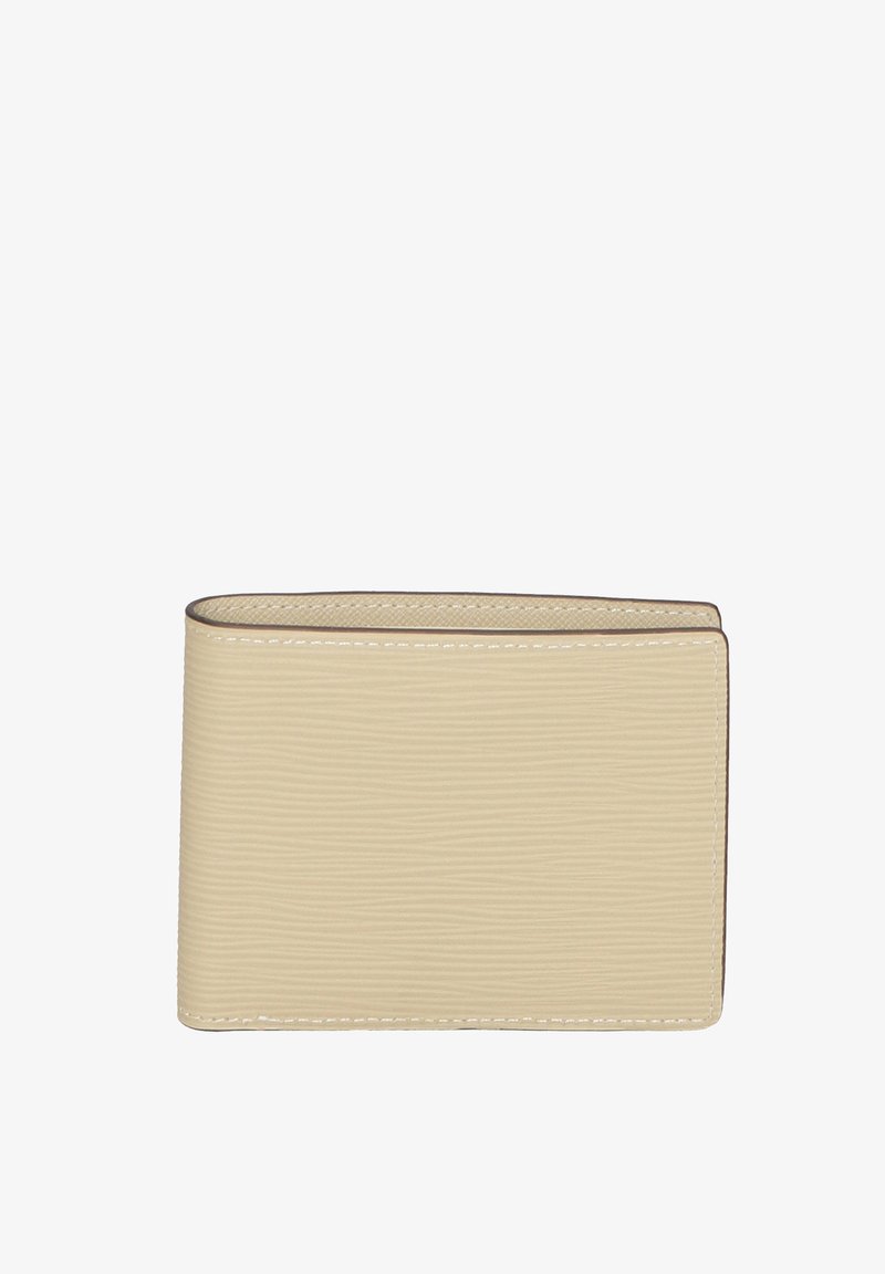 Portefeuille beige texturé avec une finition lisse, présentant un design minimaliste et des coutures contrastantes le long des bords.