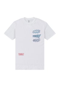 Hvid bomulds-t-shirt med blå tekst i comic-stil, der siger "SMACK!!", "THUD!" og "KKKRASH!" Grafisk label med teksten "85 År med Superman."