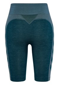Teal träningscykelshorts i texturerat tyg, med hög midja, ventilerande meshpanel och grå sidodetaljer med geometriskt mönster.