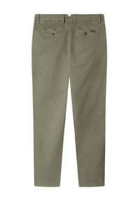 Pantaloni verde oliva in cotone, con un design a gamba dritta, due tasche posteriori con bottoni e una vita piatta.