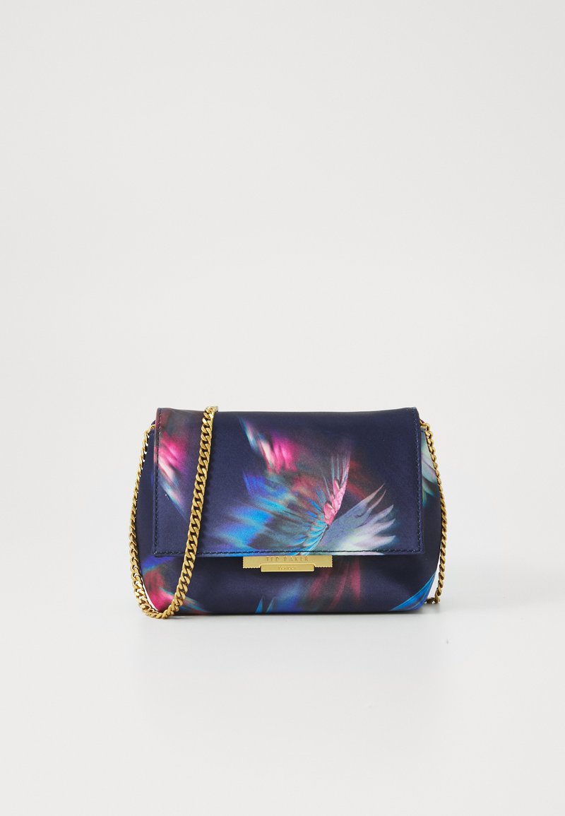 Navy blue handbag with a floral pattern in pink and blue tones, featuring a gold chain strap and a rectangular flap with logo detail.