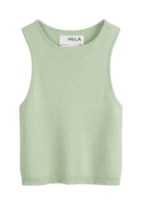 Grünes ärmelloses Strickoberteil mit rundem Ausschnitt, gerippter Textur und geradem Saum. Etikett lautet "MELA", Größe S.