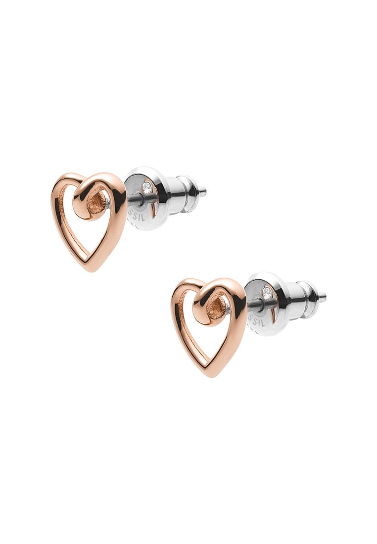 Ohrringe in Herzform aus Roségold und Silber mit einem gedrehten Design, kleinen Diamantakzenten und einer hochglanzpolierten Oberfläche.