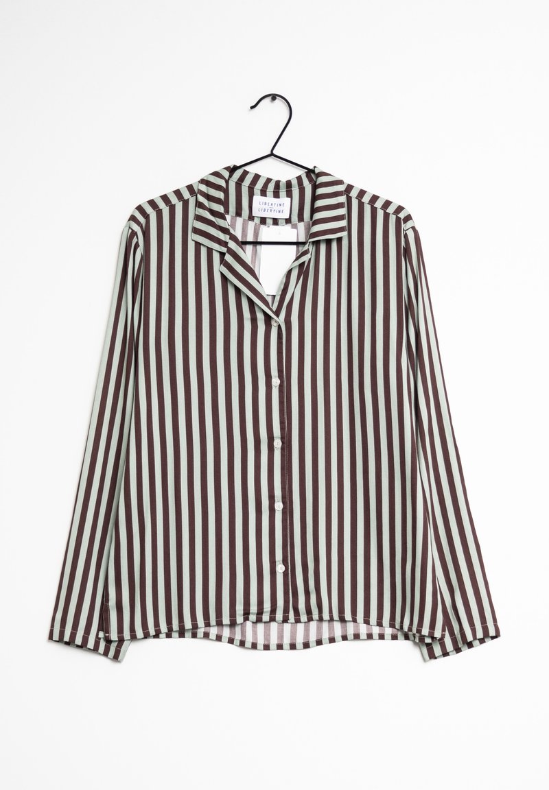 Camicia a maniche lunghe con strisce verticali alternate marroni e azzurro chiaro, chiusura con bottoni e colletto a scollatura.