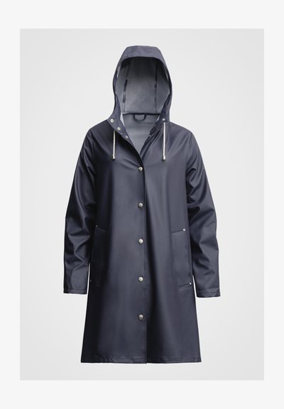 Navy waterproof raincoat with a hood, snap buttons, drawstring, and two front pockets. Smooth, shiny texture with a mid-length design.