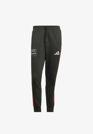 Černé tepláky s červenými postranními akcenty, elastickým pasem, šedými potisky loga a žebrovanými lemy. Vyrobené z měkké, strukturované tkaniny.