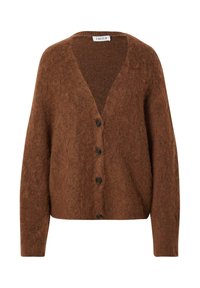 Bruine, gestructureerde cardigan met een V-hals, lange mouwen en vijf knopen aan de voorkant. Zacht materiaal met een loose fit.