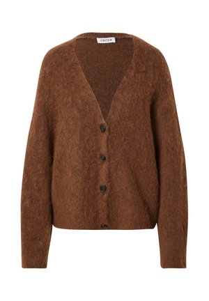 Bruine, gestructureerde cardigan met een V-hals, lange mouwen en vijf knopen aan de voorkant. Zacht materiaal met een loose fit.