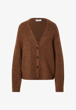 Braune, strukturierte Strickjacke mit V-Ausschnitt, langen Ärmeln und fünf Knöpfen vorne. Weiches Material mit lockerer Passform.