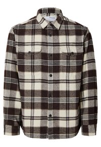 Men's flannel shirt with a brown and cream plaid pattern, button-up front, two chest pockets, and a classic collar. Soft texture.