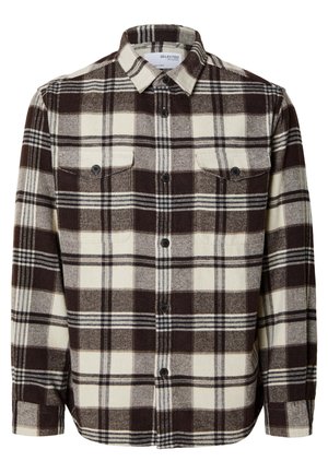 Heren flanellen shirt met een bruin en crèmekleurig ruitpatroon, knoopsluiting aan de voorkant, twee borstzakken en een klassieke kraag. Zachte textuur.