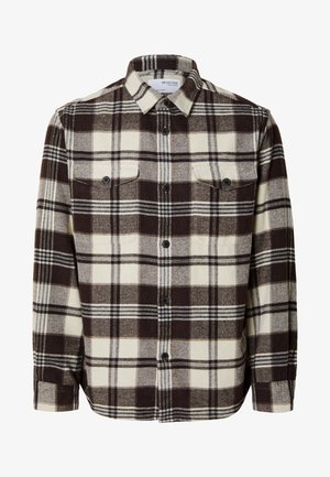 Heren flanellen shirt met een bruin en crèmekleurig ruitpatroon, knoopsluiting aan de voorkant, twee borstzakken en een klassieke kraag. Zachte textuur.