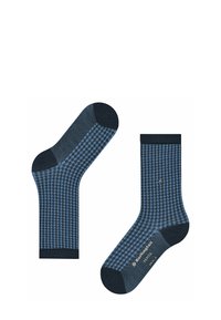 Niebieskie skarpetki w wzór w pepitkę, z ryflowaną teksturą i kontrastującymi ciemnoniebieskimi akcentami na mankiecie i palcach.