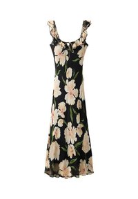 Zwarte jurk met bloemenprint, gekenmerkt door grote lichtroze bloemen, een gerimpelde halslijn, een verstelbare strik en een vloeiende, doorschijnende stof.