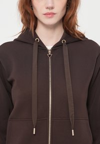 Close-up van een persoon die een donkerbruine hoodie met rits draagt, met grote trekkoorden en een gouden ritsaanhanger in de vorm van een driehoek.
