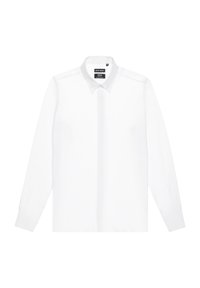 Camisa blanca de manga larga fabricada en una tela suave, con un cuello clásico y cierre de botones en el frente, con mangas con puños y un diseño ajustado.