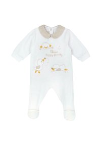 Pagliaccetto bianco in cotone per neonati con maniche lunghe, design di anatroccoli ricamati, colletto beige e chiusura a scatto sulla schiena.