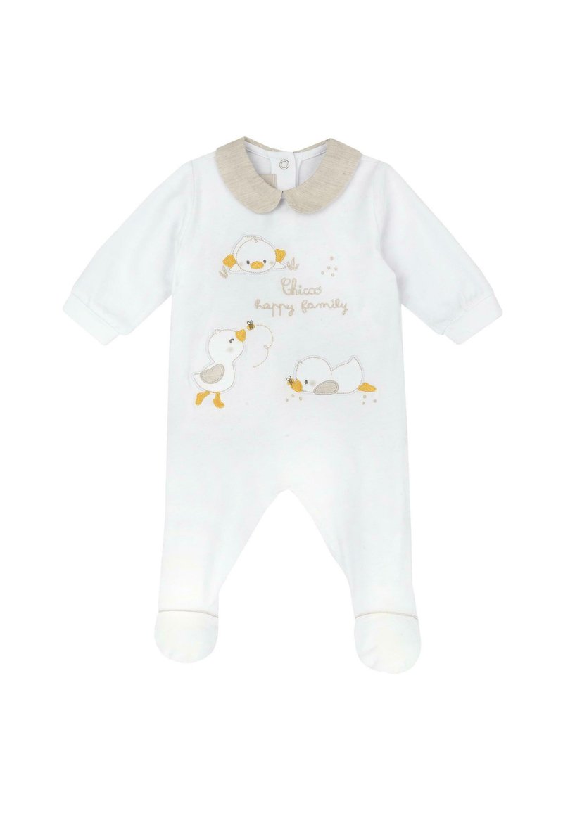 Pagliaccetto bianco in cotone per neonati con maniche lunghe, design di anatroccoli ricamati, colletto beige e chiusura a scatto sulla schiena.