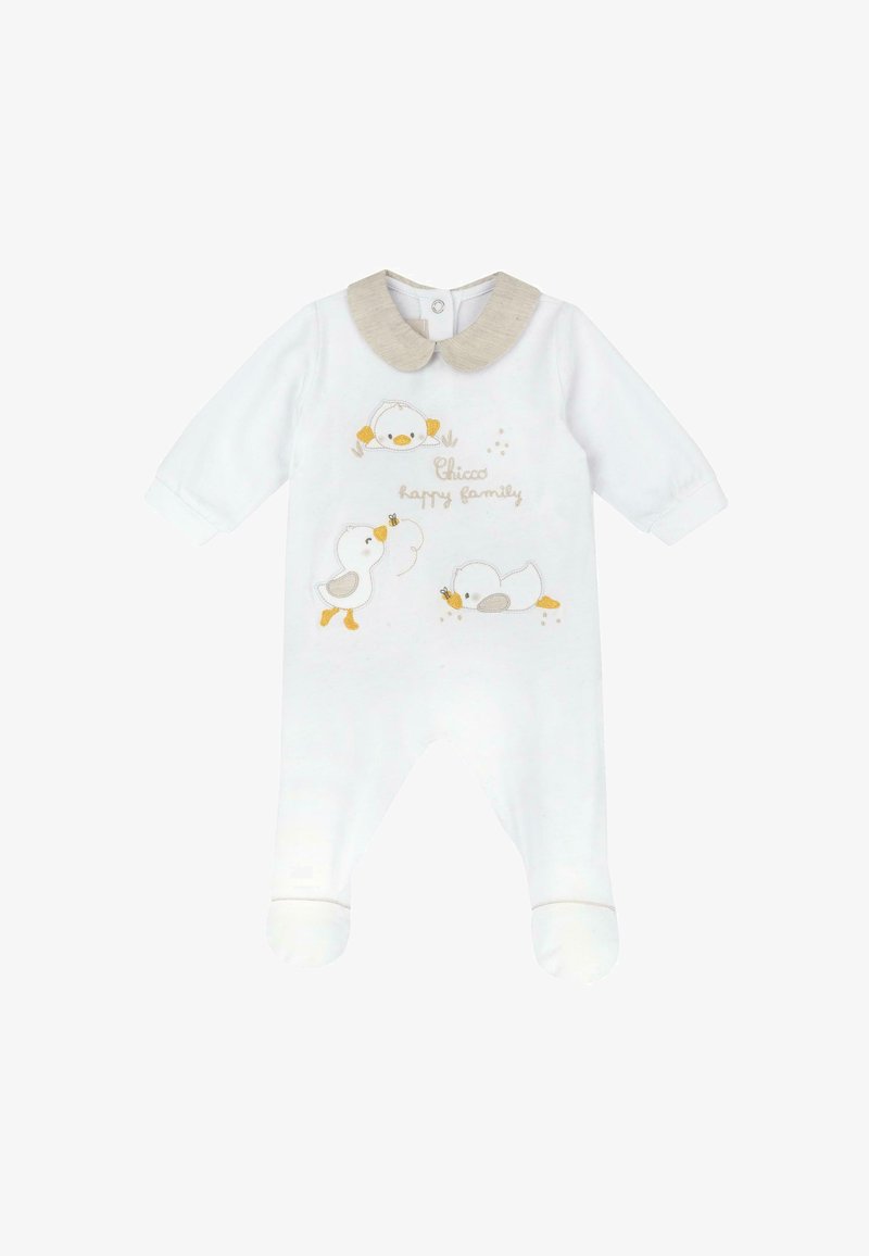 Pagliaccetto bianco in cotone per neonati con maniche lunghe, design di anatroccoli ricamati, colletto beige e chiusura a scatto sulla schiena.