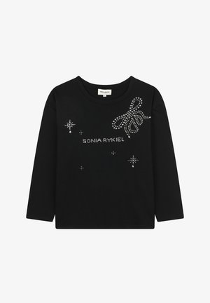 Zwarte long-sleeve shirt met strassdetails, met de tekst "SONIA RYKIEL" en een strikontwerp aan de voorkant. Ronde halslijn.