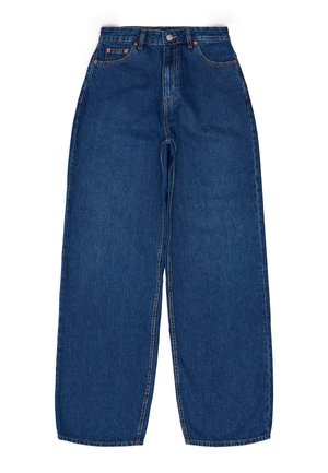 Vidje blå jeans i denim, med hög midja, kopparnitar och en klassisk femficksdesign med synlig sömnad.