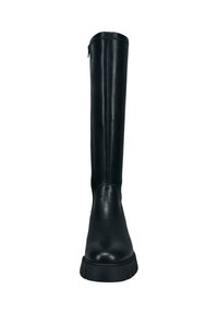 Botte en cuir noire hauteur genou avec une texture lisse, bout rond et semelle en caoutchouc épaisse. Elle est dotée d'une fermeture éclair à l'arrière.