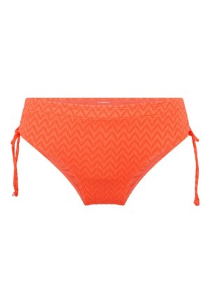 Parte inferiore di bikini arancione con motivo a zigzag, lacci regolabili sui fianchi, copertura media e tessuto testurizzato per un tocco in più.