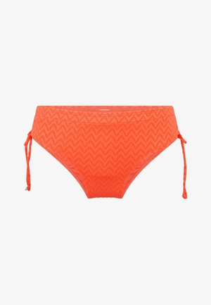 Een oranje bikini-bottom met een zigzagpatroon, verstelbare zijbandjes, gemiddelde bedekking en een textuurstof voor extra detail.