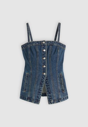Denim korsettitoppi säädettävillä olkaimilla, etupainon sulkeminen, pystysaumayksityiskohdat, sivutaskut ja lievä etuaukko.
