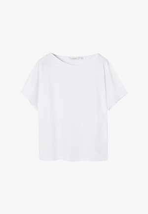 Kurzärmeliges weißes Baumwoll-T-Shirt mit weiter Passform und rundem Ausschnitt, flach auf weißem Hintergrund liegend dargestellt.