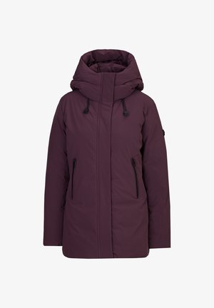 Lila gepolsterte Jacke mit hohem Kragen, verstellbarem Kordelzug und zwei vorderen Reißverschlusstaschen. Glatte Textur und minimalistische Details.