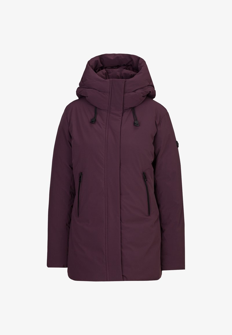 Paarse gewatteerde jas met een hoge nek, verstelbare trekkoordcapuchon en twee ritszakken aan de voorkant. Glad textuur met minimale details.