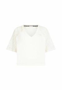 Haut blanc court à col en V avec manches courtes en dentelle et logo discret sur le côté gauche de la poitrine.