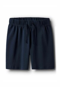 Pantaloni corti blu navy realizzati in tessuto morbido, con una vita elastica e un cordino, dal design semplice e senza decorazioni.