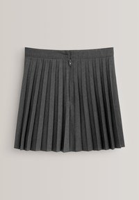 Szara plisowana spódnica z teksturowanej tkaniny, z ukrytym zamkiem z tyłu. Równe plisy tworzą uporządkowaną sylwetkę.